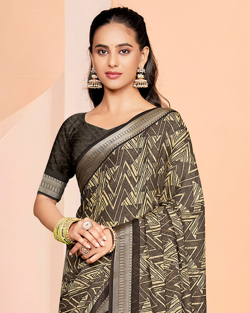 Vishal Prints Tobacco Brown Criva Crepe Digital Print Saree With Weaved Viscose Patta