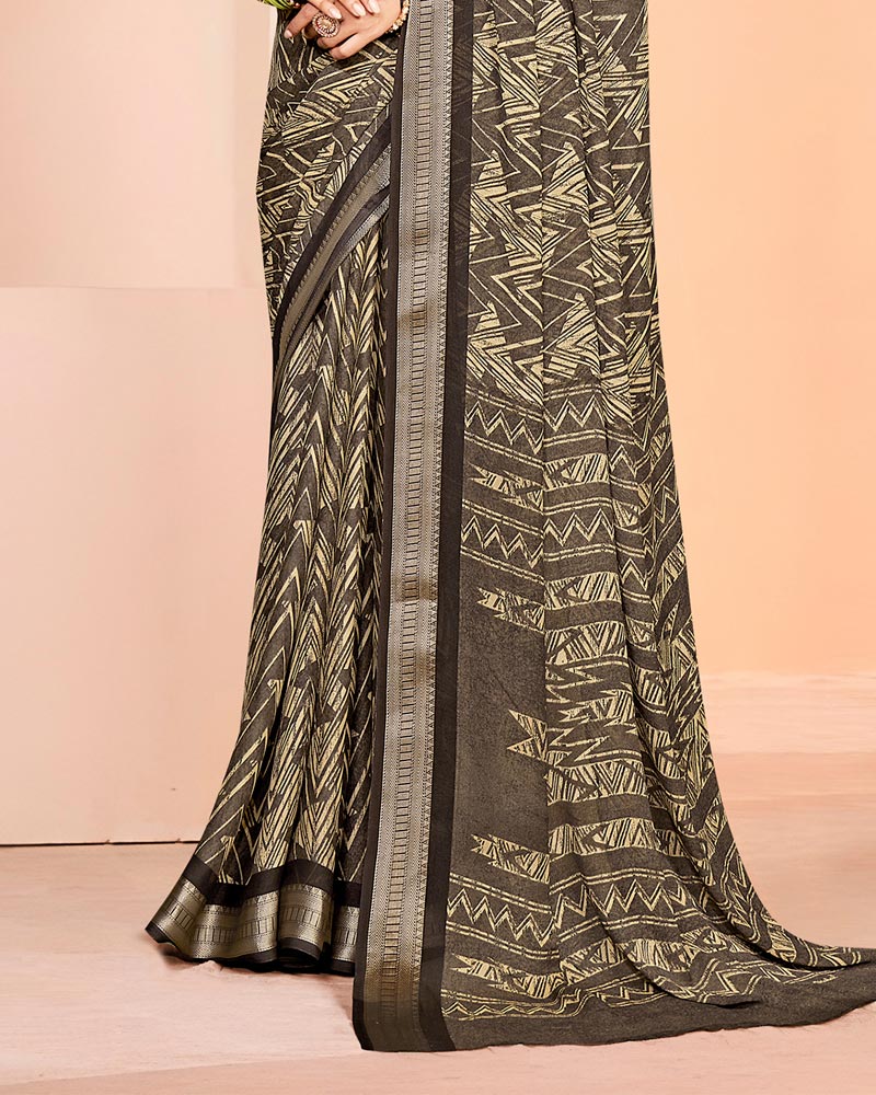 Vishal Prints Tobacco Brown Criva Crepe Digital Print Saree With Weaved Viscose Patta