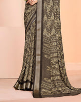 Vishal Prints Tobacco Brown Criva Crepe Digital Print Saree With Weaved Viscose Patta