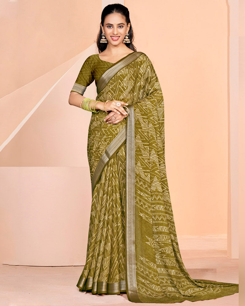 Vishal Prints Sandy Taupe Criva Crepe Digital Print Saree With Weaved Viscose Patta
