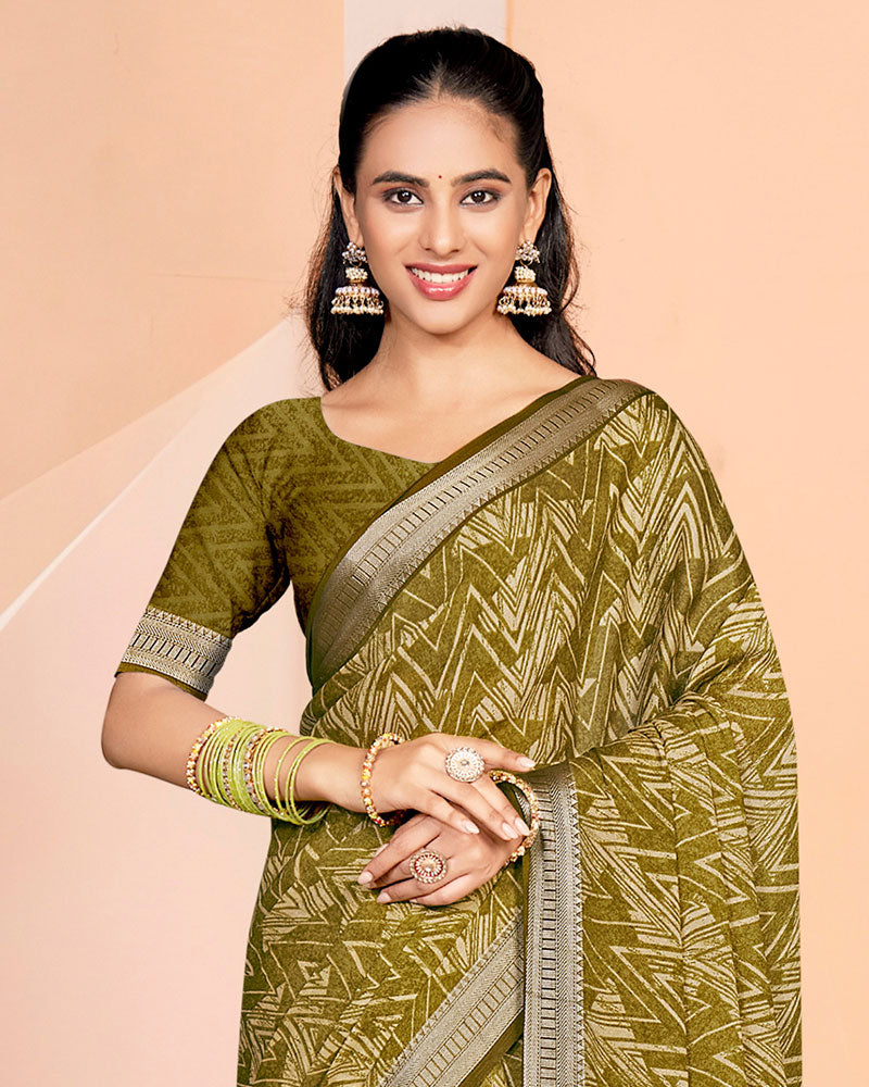 Vishal Prints Sandy Taupe Criva Crepe Digital Print Saree With Weaved Viscose Patta