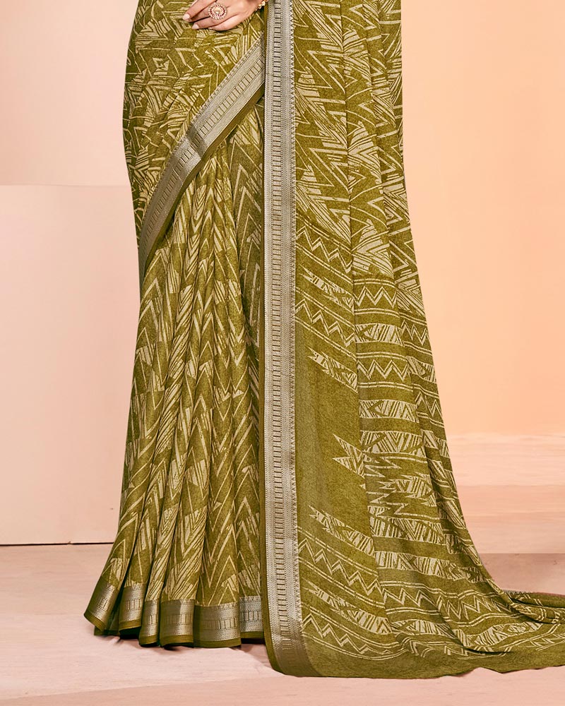 Vishal Prints Sandy Taupe Criva Crepe Digital Print Saree With Weaved Viscose Patta