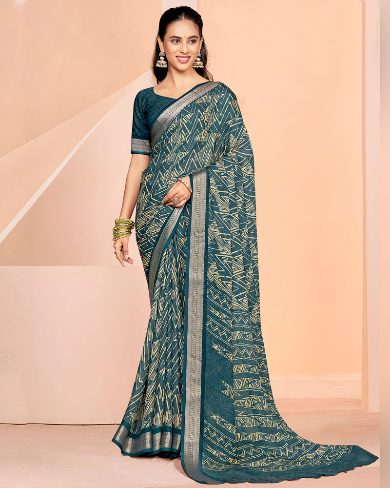 Vishal Prints Bluish Grey Criva Crepe Digital Print Saree With Weaved Viscose Patta