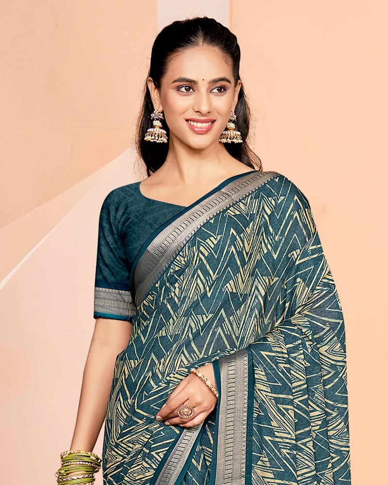 Vishal Prints Bluish Grey Criva Crepe Digital Print Saree With Weaved Viscose Patta
