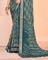 Vishal Prints Bluish Grey Criva Crepe Digital Print Saree With Weaved Viscose Patta