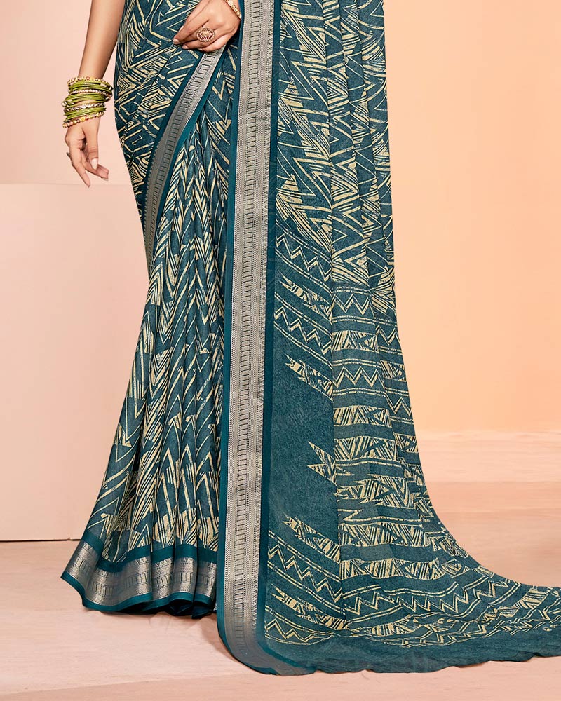 Vishal Prints Bluish Grey Criva Crepe Digital Print Saree With Weaved Viscose Patta