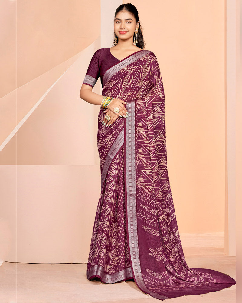 Vishal Prints Light Wine Criva Crepe Digital Print Saree With Weaved Viscose Patta