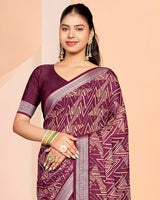 Vishal Prints Light Wine Criva Crepe Digital Print Saree With Weaved Viscose Patta