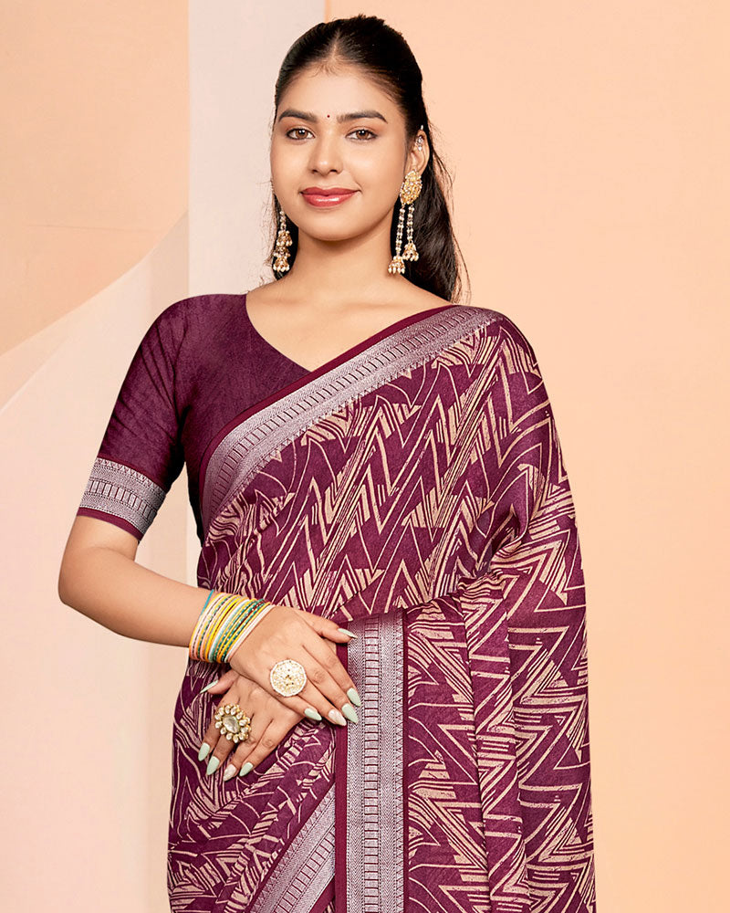 Vishal Prints Light Wine Criva Crepe Digital Print Saree With Weaved Viscose Patta