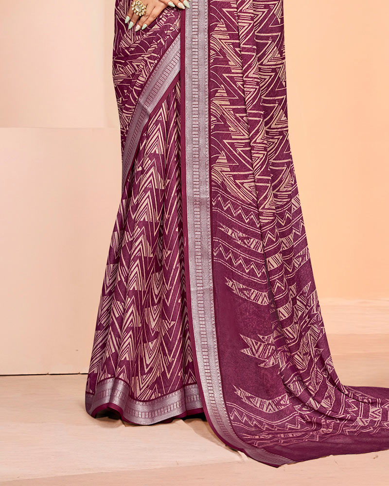 Vishal Prints Light Wine Criva Crepe Digital Print Saree With Weaved Viscose Patta