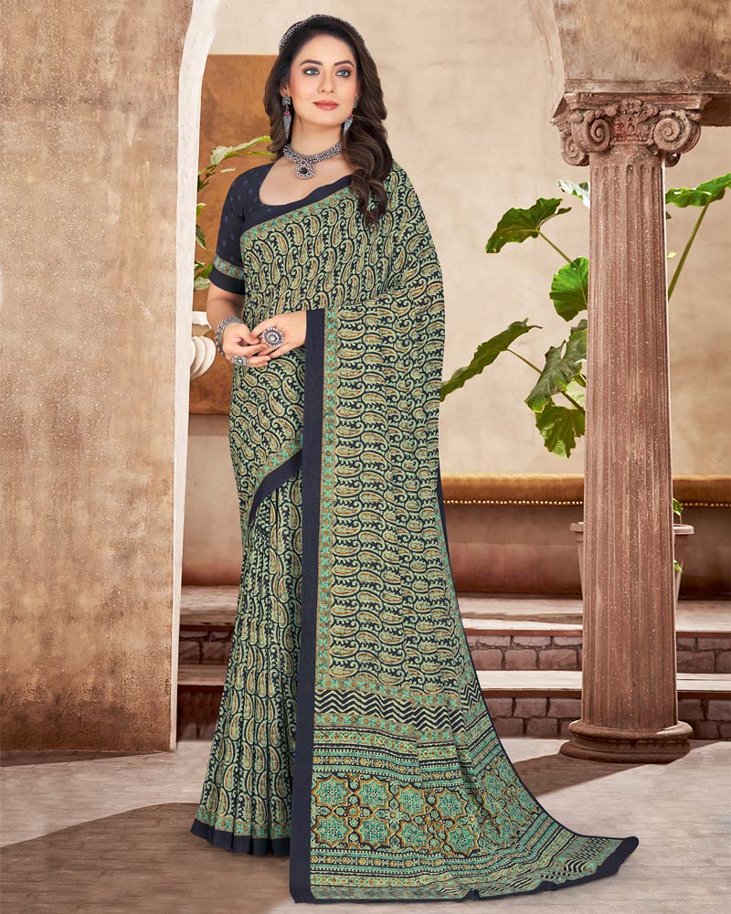 Vishal Prints Dark Navy Blue Digital Print Crepe Saree