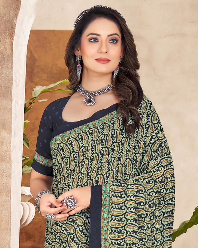 Vishal Prints Dark Navy Blue Digital Print Crepe Saree