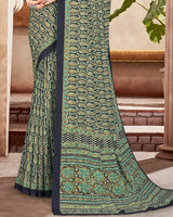 Vishal Prints Dark Navy Blue Digital Print Crepe Saree