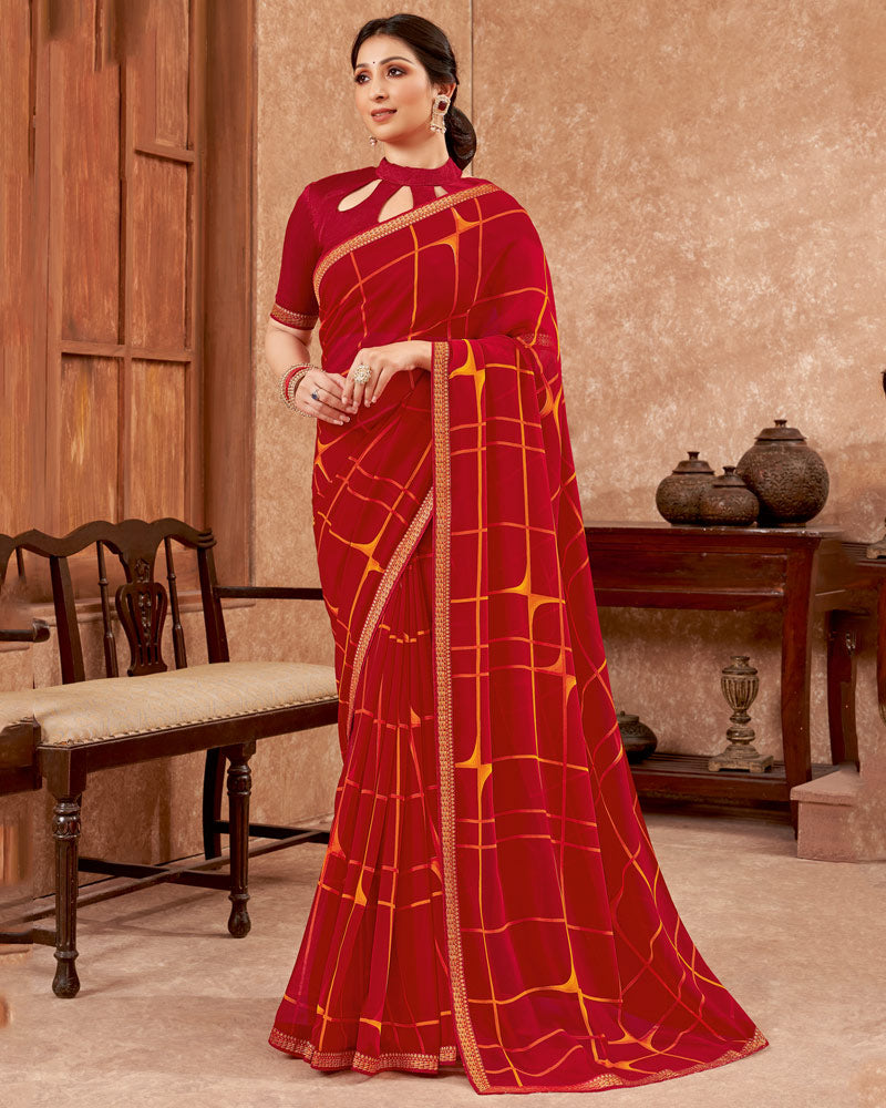 Vishal Prints Red And Yellowish Orange Printed Georgette Saree With Zari Border