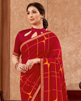 Vishal Prints Red And Yellowish Orange Printed Georgette Saree With Zari Border