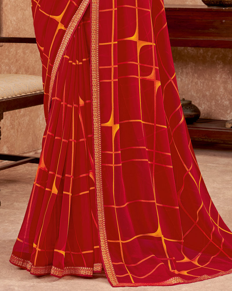 Vishal Prints Red And Yellowish Orange Printed Georgette Saree With Zari Border