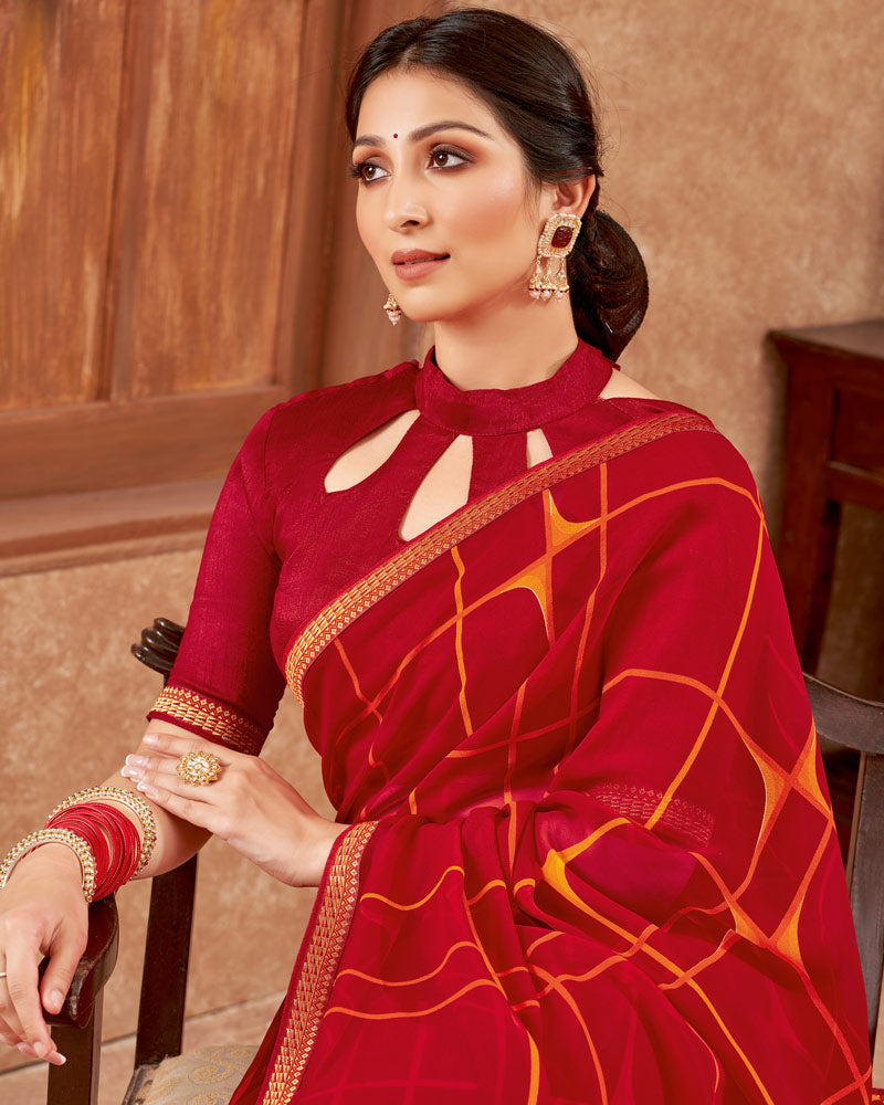 Vishal Prints Red And Yellowish Orange Printed Georgette Saree With Zari Border
