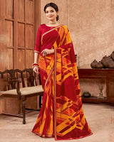 Vishal Prints Red And Yellowish Orange Printed Georgette Saree With Zari Border