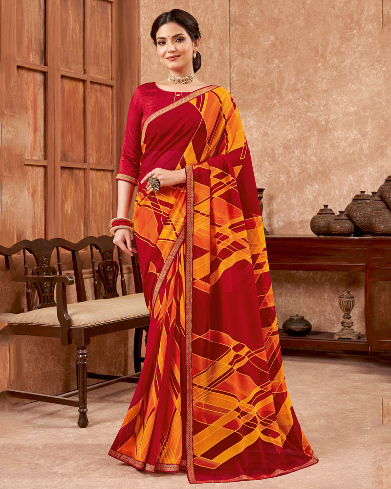 Vishal Prints Red And Yellowish Orange Printed Georgette Saree With Zari Border