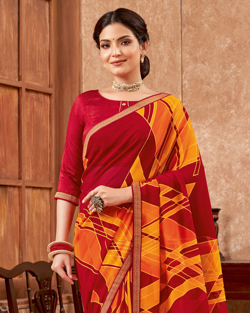 Vishal Prints Red And Yellowish Orange Printed Georgette Saree With Zari Border