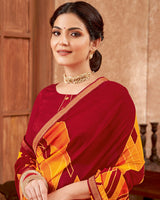 Vishal Prints Red And Yellowish Orange Printed Georgette Saree With Zari Border