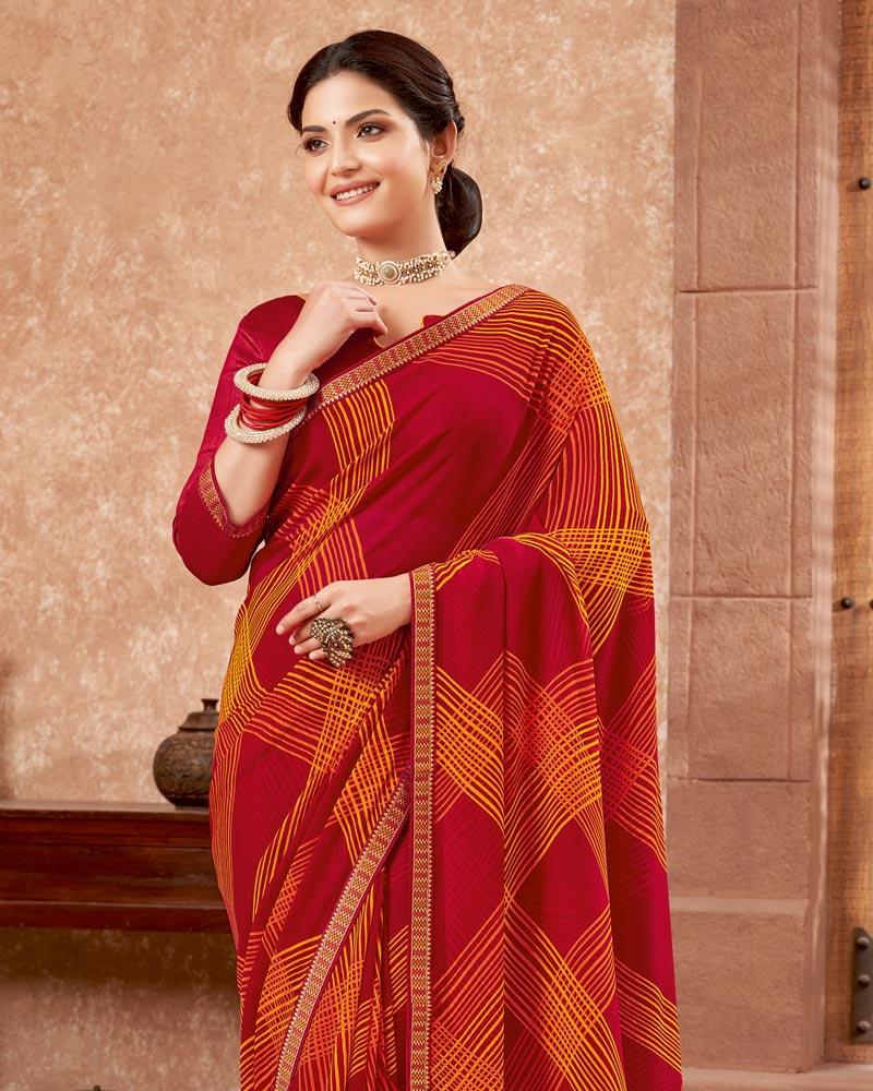 Vishal Prints Red And Yellowish Orange Printed Georgette Saree With Zari Border
