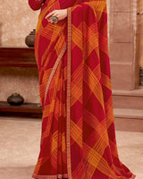 Vishal Prints Red And Yellowish Orange Printed Georgette Saree With Zari Border
