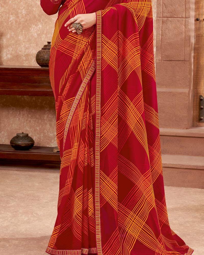 Vishal Prints Red And Yellowish Orange Printed Georgette Saree With Zari Border