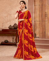 Vishal Prints Red And Yellowish Orange Printed Georgette Saree With Zari Border
