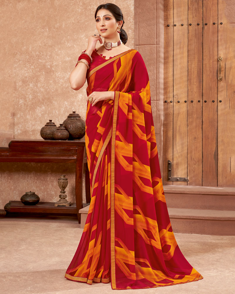 Vishal Prints Red And Yellowish Orange Printed Georgette Saree With Zari Border