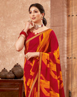 Vishal Prints Red And Yellowish Orange Printed Georgette Saree With Zari Border