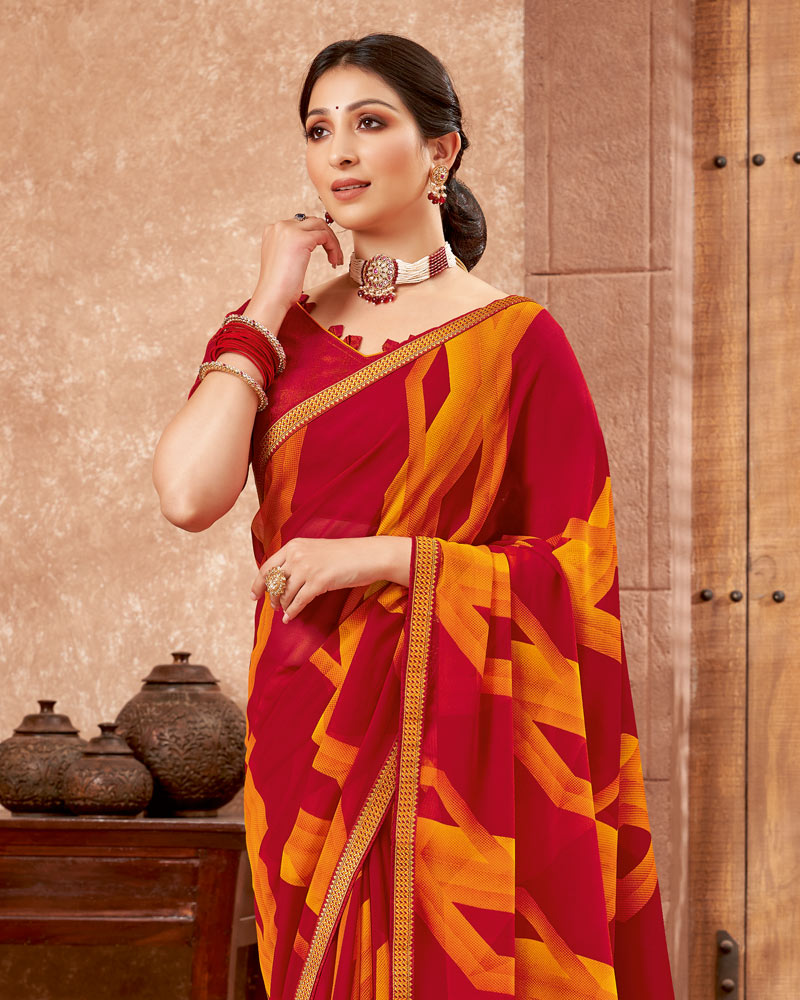 Vishal Prints Red And Yellowish Orange Printed Georgette Saree With Zari Border