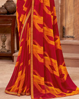 Vishal Prints Red And Yellowish Orange Printed Georgette Saree With Zari Border