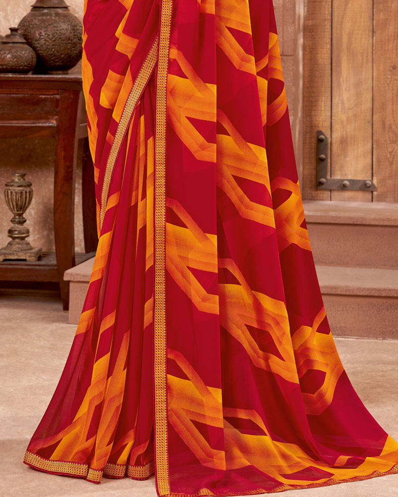 Vishal Prints Red And Yellowish Orange Printed Georgette Saree With Zari Border