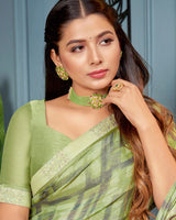 Vishal Prints Sage Green Printed Brasso Saree With Fancy Border