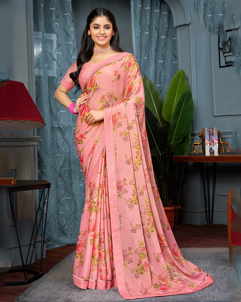 Vishal Prints Coral Pink Printed Brasso Saree With Fancy Border
