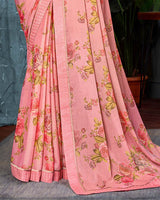 Vishal Prints Coral Pink Printed Brasso Saree With Fancy Border