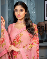 Vishal Prints Coral Pink Printed Brasso Saree With Fancy Border