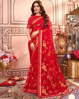 Vishal Prints Cherry Red Designer Chiffon Saree With Embroidery Diamond Work And Fancy Border