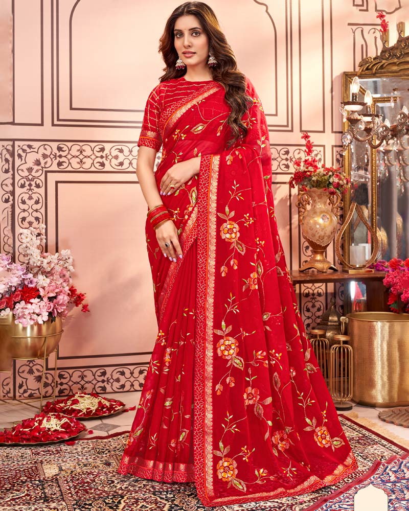 Vishal Prints Cherry Red Designer Chiffon Saree With Embroidery Diamond Work And Fancy Border