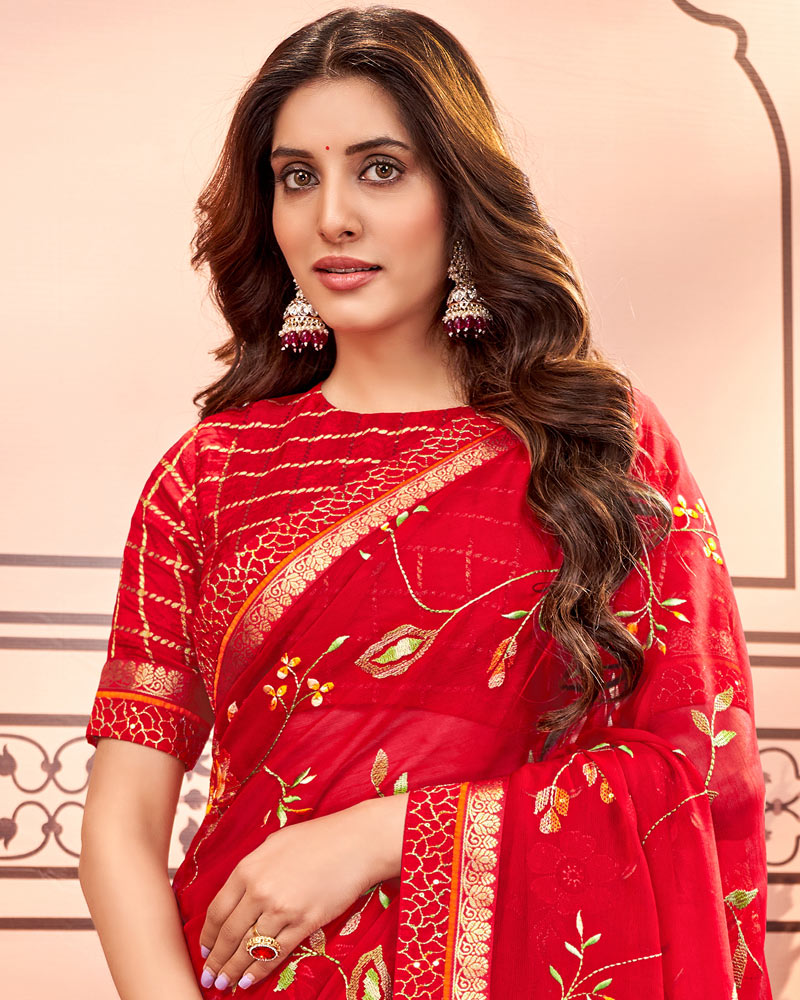 Vishal Prints Cherry Red Designer Chiffon Saree With Embroidery Diamond Work And Fancy Border
