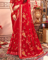 Vishal Prints Cherry Red Designer Chiffon Saree With Embroidery Diamond Work And Fancy Border