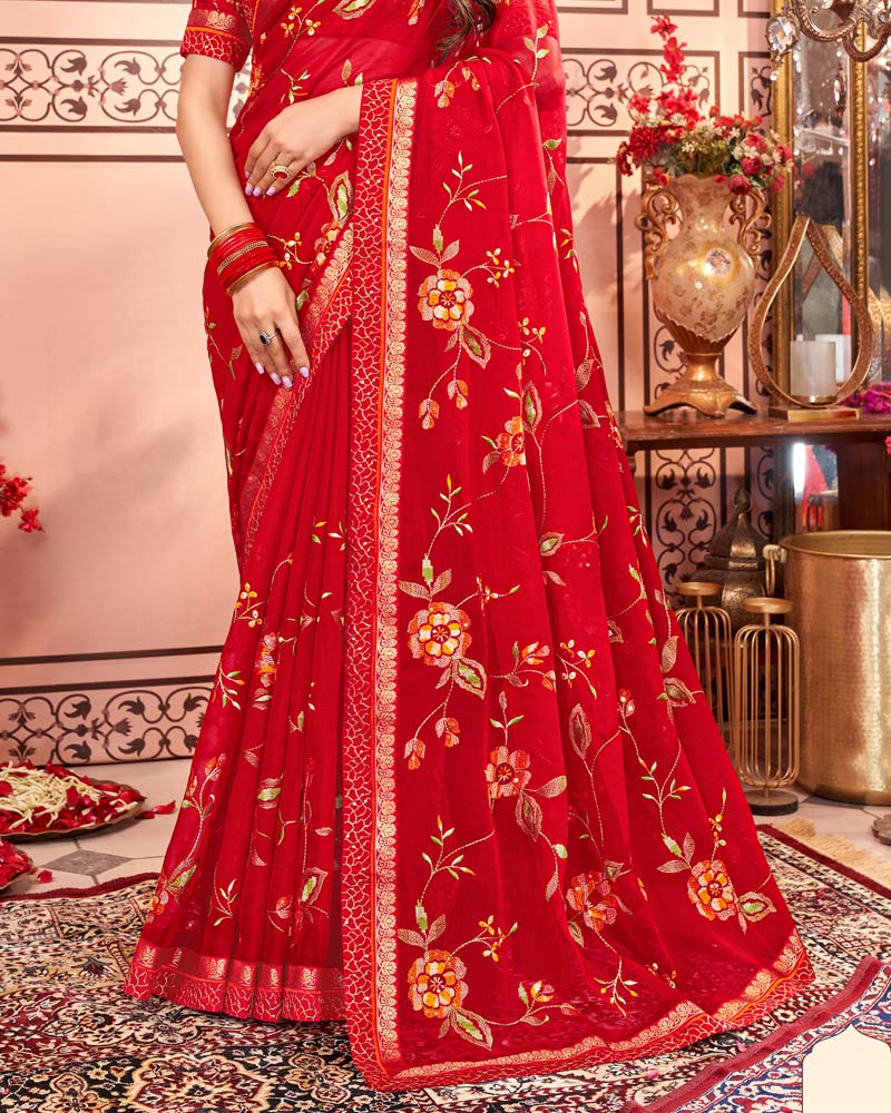 Vishal Prints Cherry Red Designer Chiffon Saree With Embroidery Diamond Work And Fancy Border