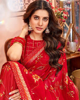 Vishal Prints Cherry Red Designer Chiffon Saree With Embroidery Diamond Work And Fancy Border