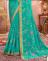 Vishal Prints Aqua Green Designer Chiffon Saree With Embroidery Diamond Work And Fancy Border