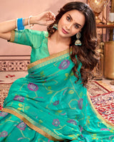 Vishal Prints Aqua Green Designer Chiffon Saree With Embroidery Diamond Work And Fancy Border