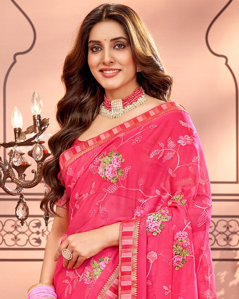 Vishal Prints Red Pink Designer Chiffon Saree With Embroidery Diamond Work And Fancy Border