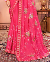 Vishal Prints Red Pink Designer Chiffon Saree With Embroidery Diamond Work And Fancy Border