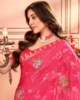 Vishal Prints Red Pink Designer Chiffon Saree With Embroidery Diamond Work And Fancy Border