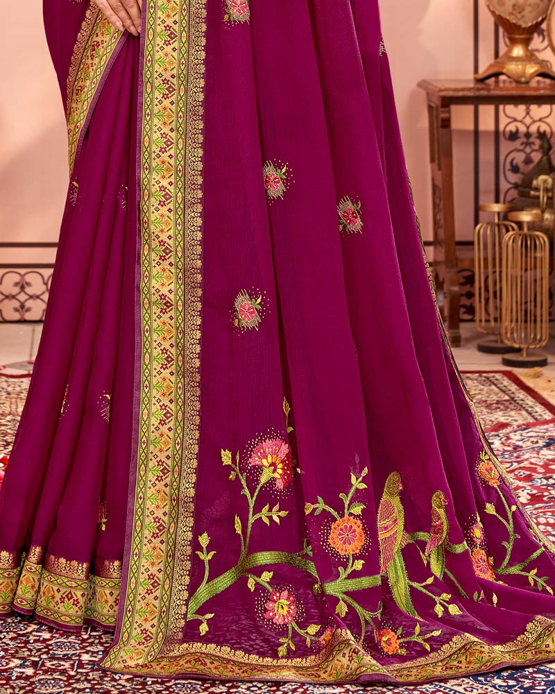 Vishal Prints Wine Designer Chiffon Saree With Embroidery Diamond Work And Fancy Border
